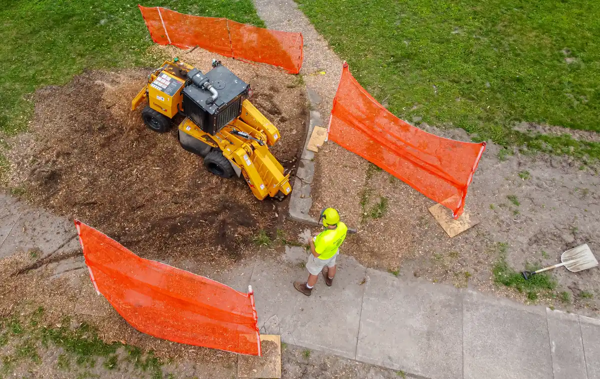 Stump grinder working over a ground-out stump inside a fenced-off work area, seen from above